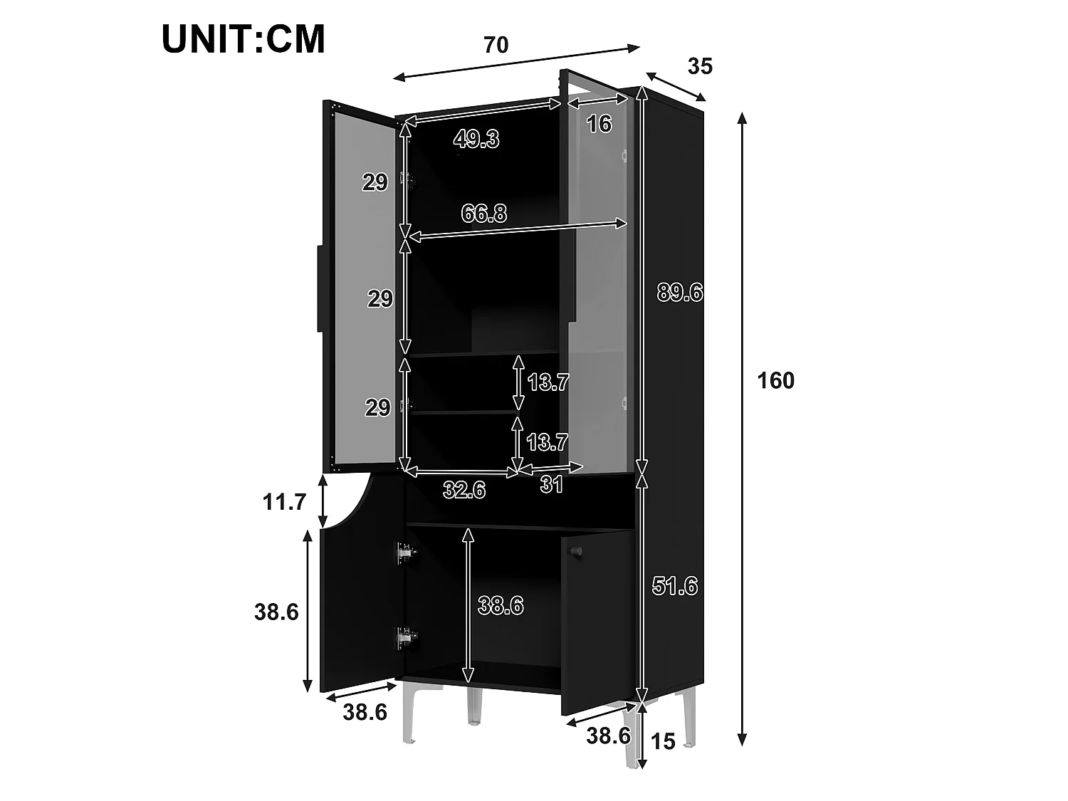 Vitrine 70x35x160cm - avec 2 portes vitrées et 2 portes en bois - avec éclairage LED - Noir