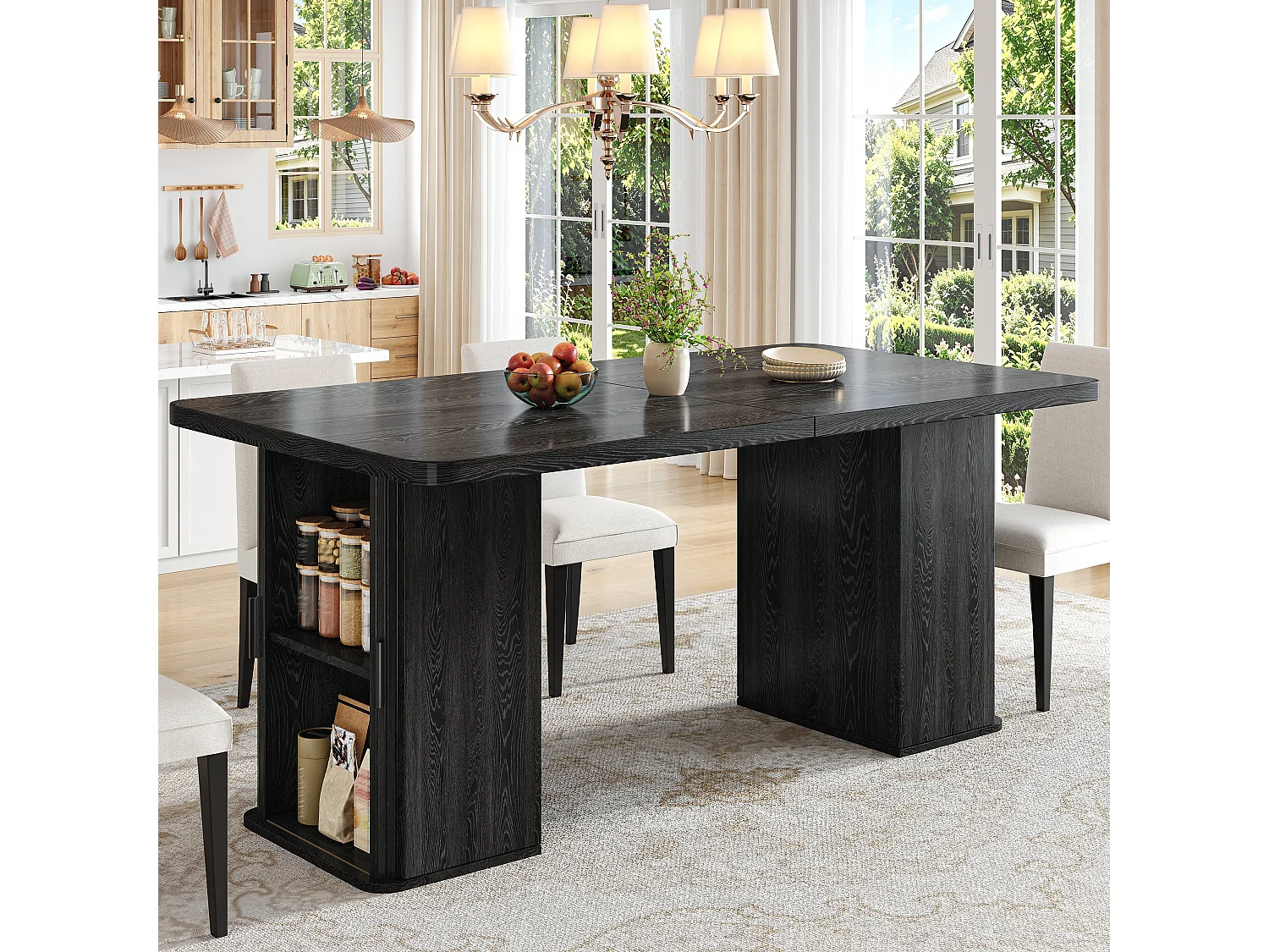 Table à Manger Extensible 140/180cm - Table de Cuisine avec Compartiments de Rangement Bilatéraux - Noir