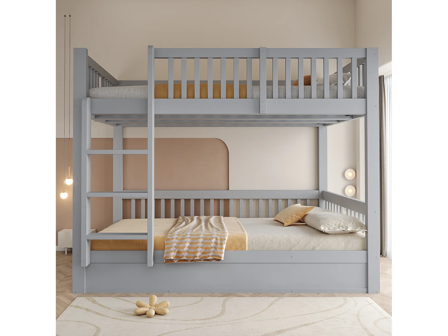 Lit superposé pour enfants 140 x 200 cm – Rangement hydraulique sous le lit du bas – Avec barrières de sécurité – Gris (matelas non inclus)