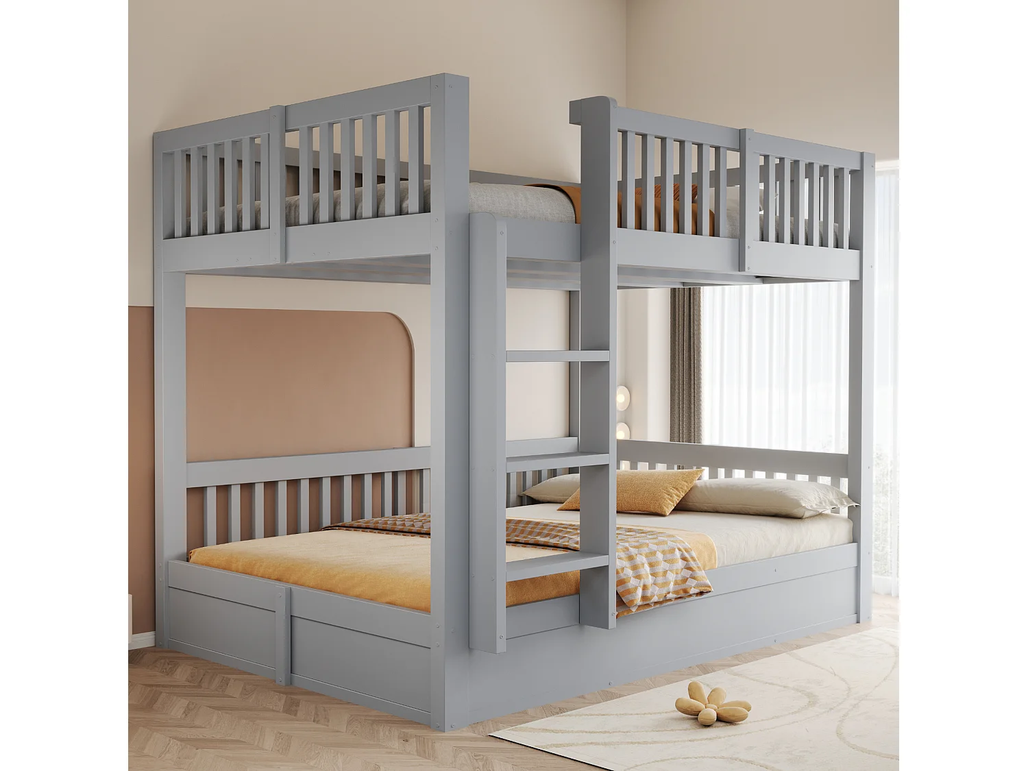 Lit superposé pour enfants 140 x 200 cm – Rangement hydraulique sous le lit du bas – Avec barrières de sécurité – Gris (matelas non inclus)