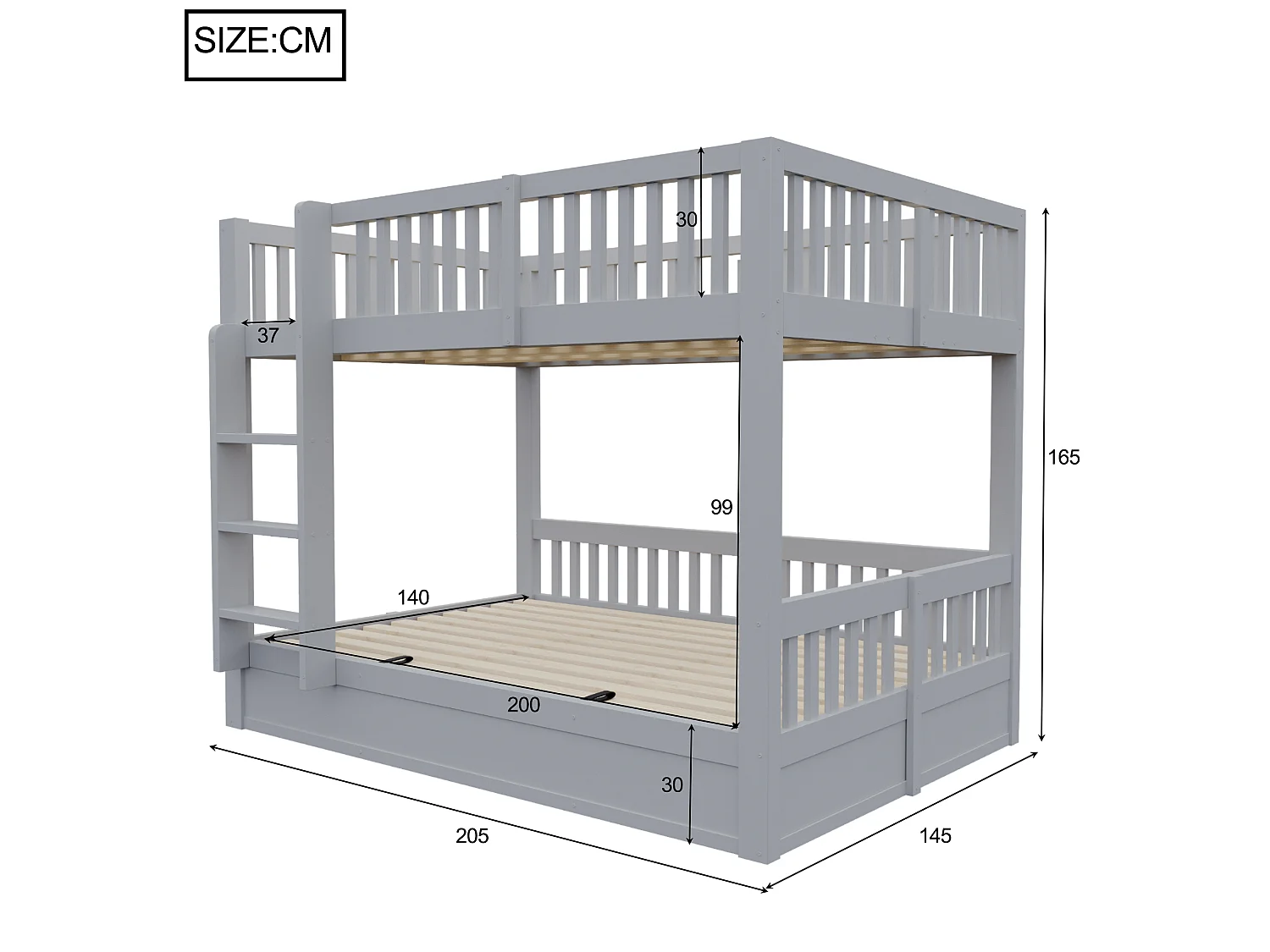 Lit superposé pour enfants 140 x 200 cm – Rangement hydraulique sous le lit du bas – Avec barrières de sécurité – Gris (matelas non inclus)
