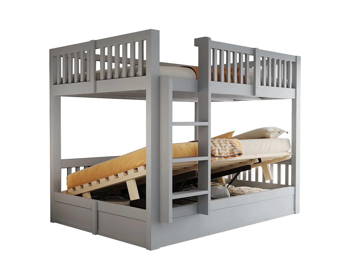 Lit superposé pour enfants 140 x 200 cm – Rangement hydraulique sous le lit du bas – Avec barrières de sécurité – Gris (matelas non inclus)