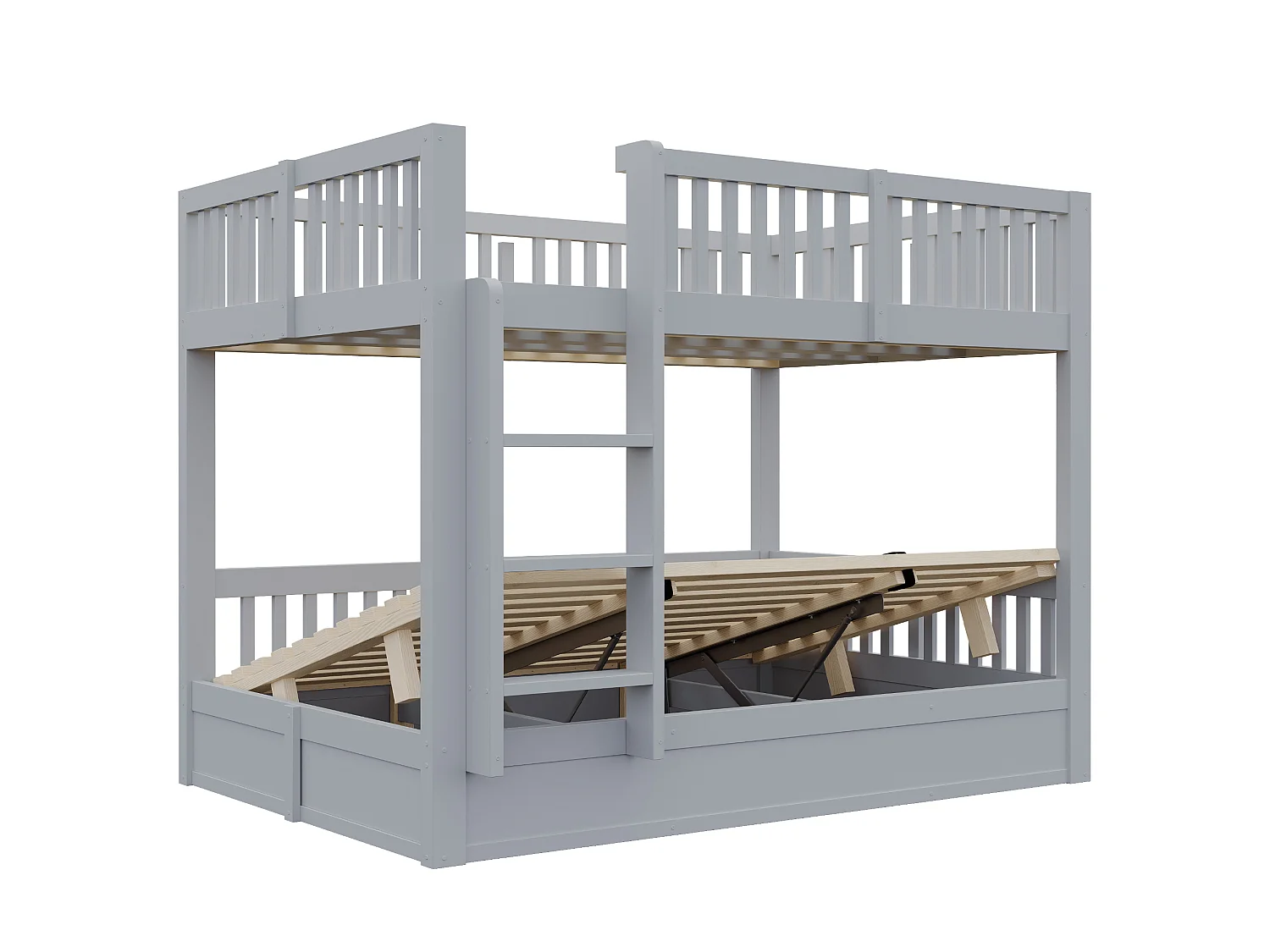 Lit superposé pour enfants 140 x 200 cm – Rangement hydraulique sous le lit du bas – Avec barrières de sécurité – Gris (matelas non inclus)
