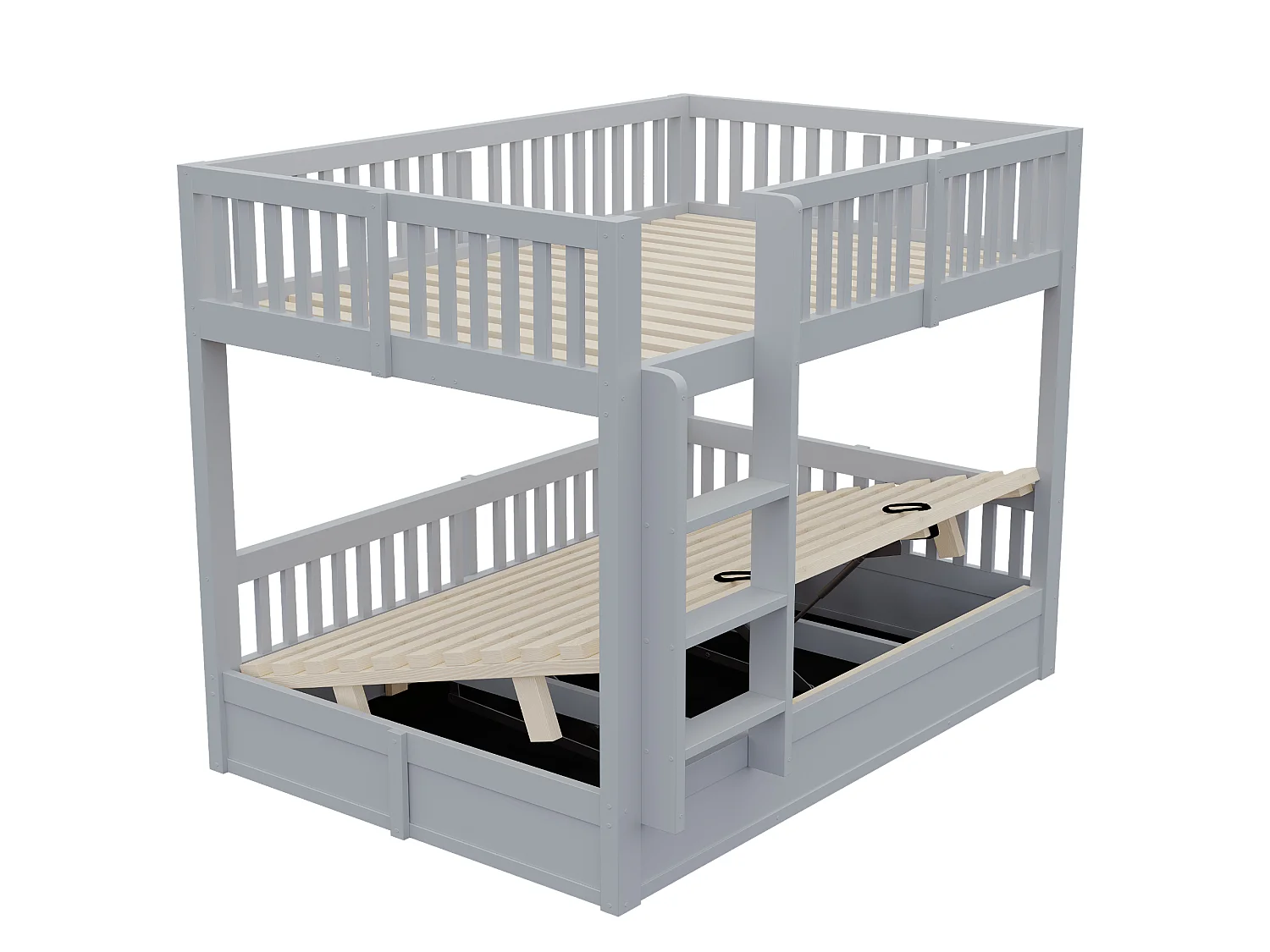 Lit superposé pour enfants 140 x 200 cm – Rangement hydraulique sous le lit du bas – Avec barrières de sécurité – Gris (matelas non inclus)