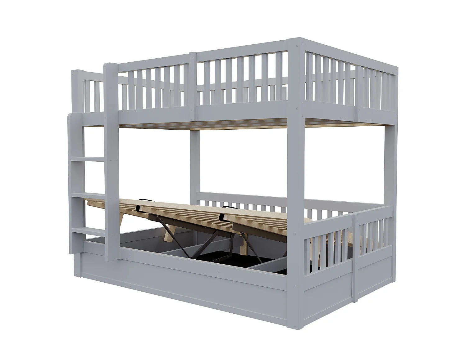 Lit superposé pour enfants 140 x 200 cm – Rangement hydraulique sous le lit du bas – Avec barrières de sécurité – Gris (matelas non inclus)
