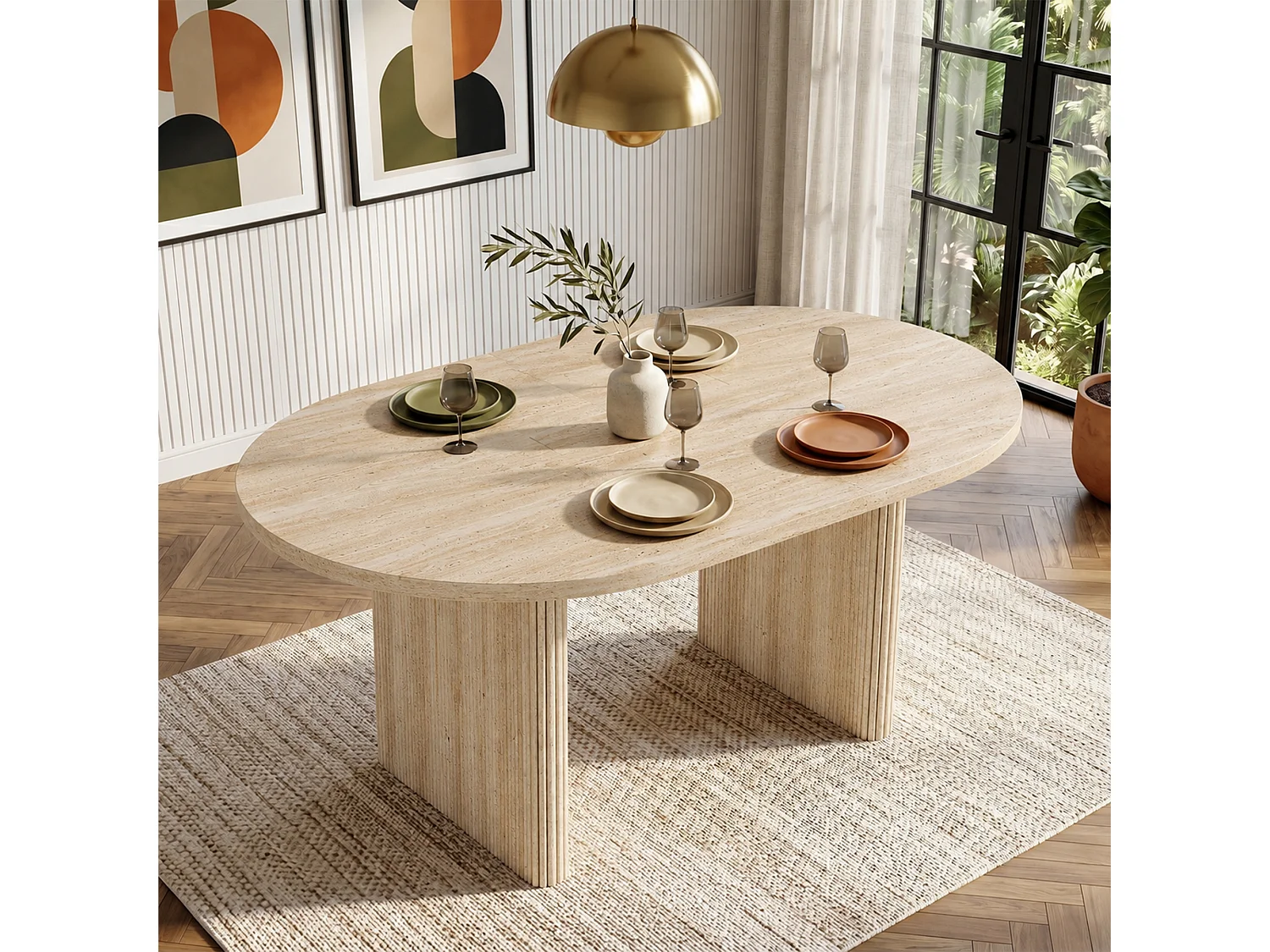 Table à manger extensible 140/200x90cm – Capacité 6 à 8 personnes – Coins arrondis et plateau épais - Finition travertin - Naturel