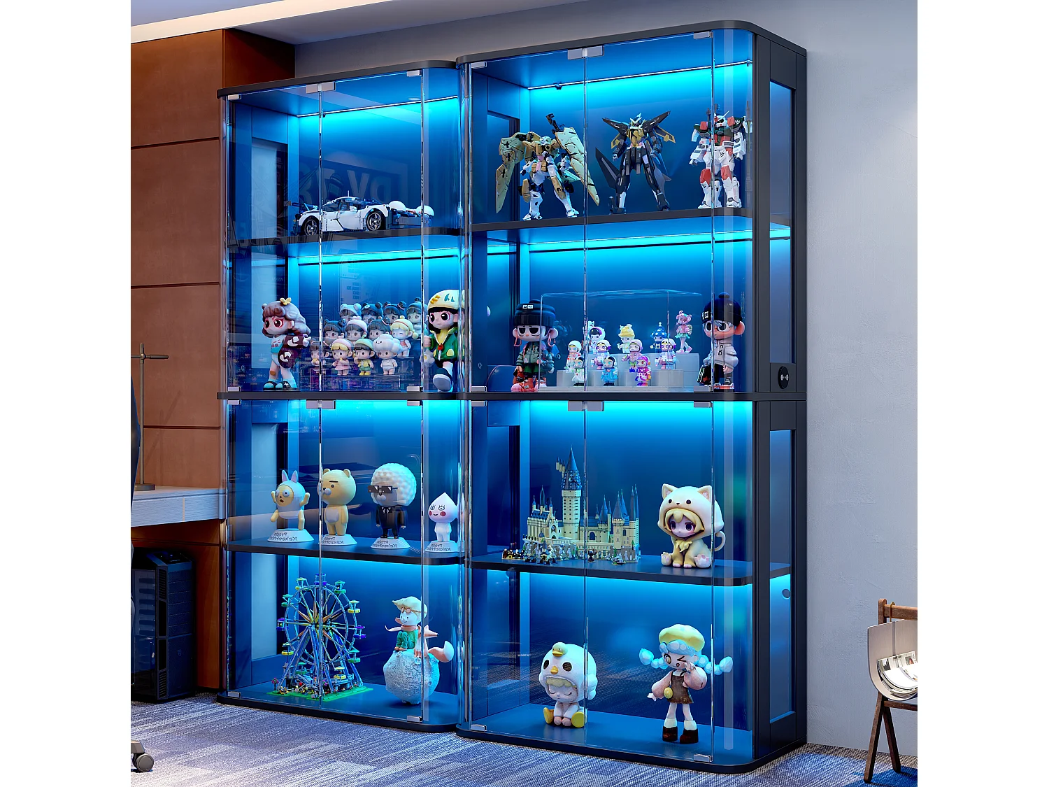 Vitrine en verre 160x40x170 cm - Éclairage LED à double commande - Avec 8 portes et 8 étagères - MDF - Noir