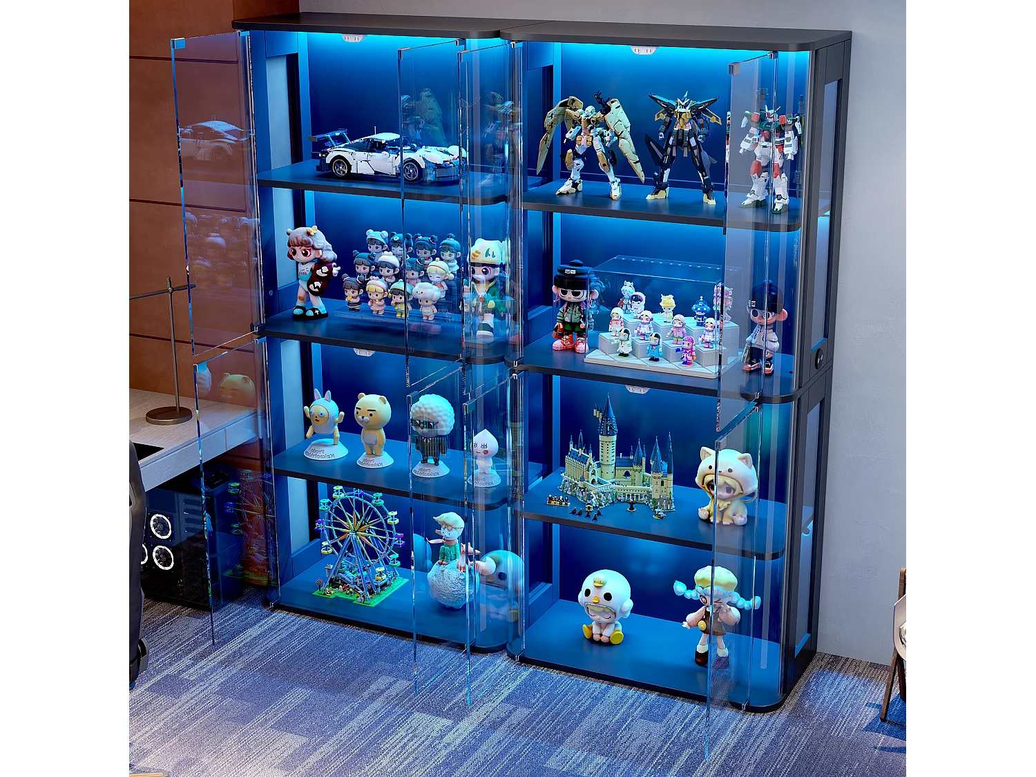 Vitrine en verre 160x40x170 cm - Éclairage LED à double commande - Avec 8 portes et 8 étagères - MDF - Noir