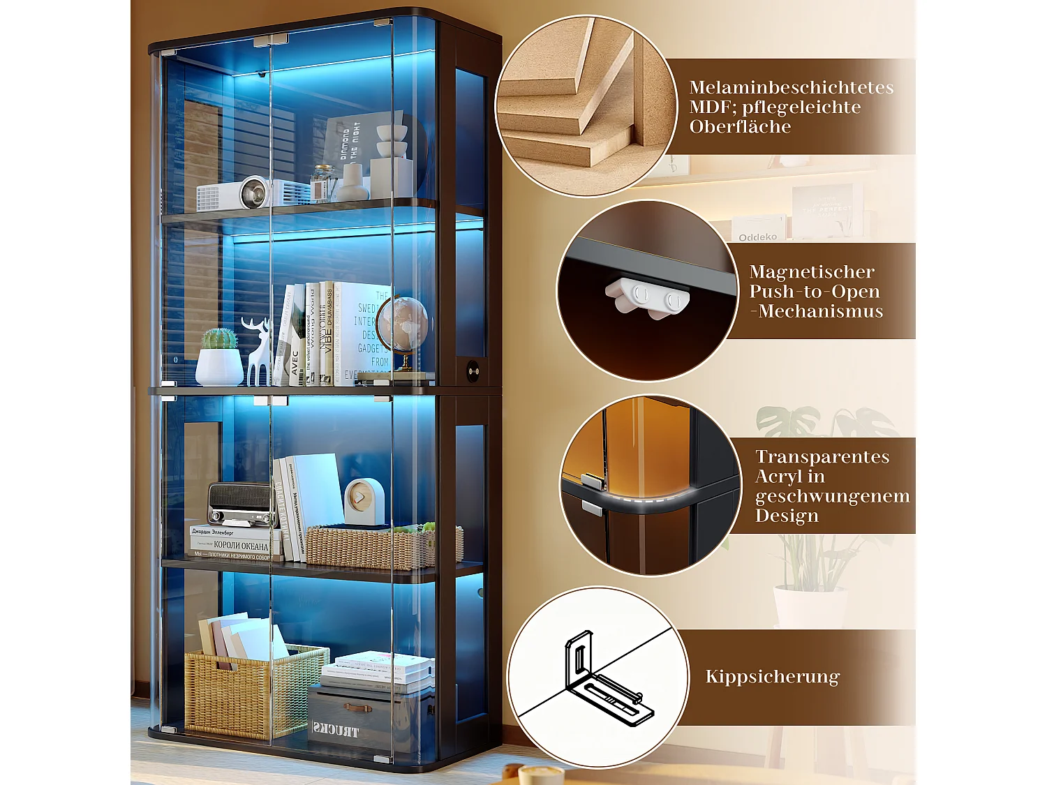 Vitrine en verre 160x40x170 cm - Éclairage LED à double commande - Avec 8 portes et 8 étagères - MDF - Noir