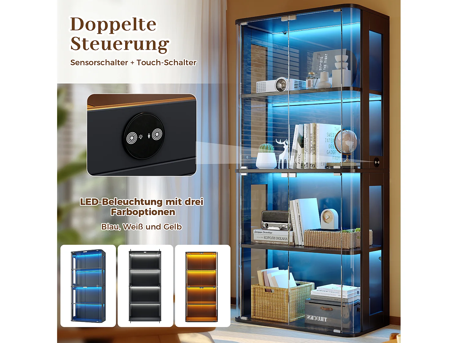 Vitrine en verre 160x40x170 cm - Éclairage LED à double commande - Avec 8 portes et 8 étagères - MDF - Noir