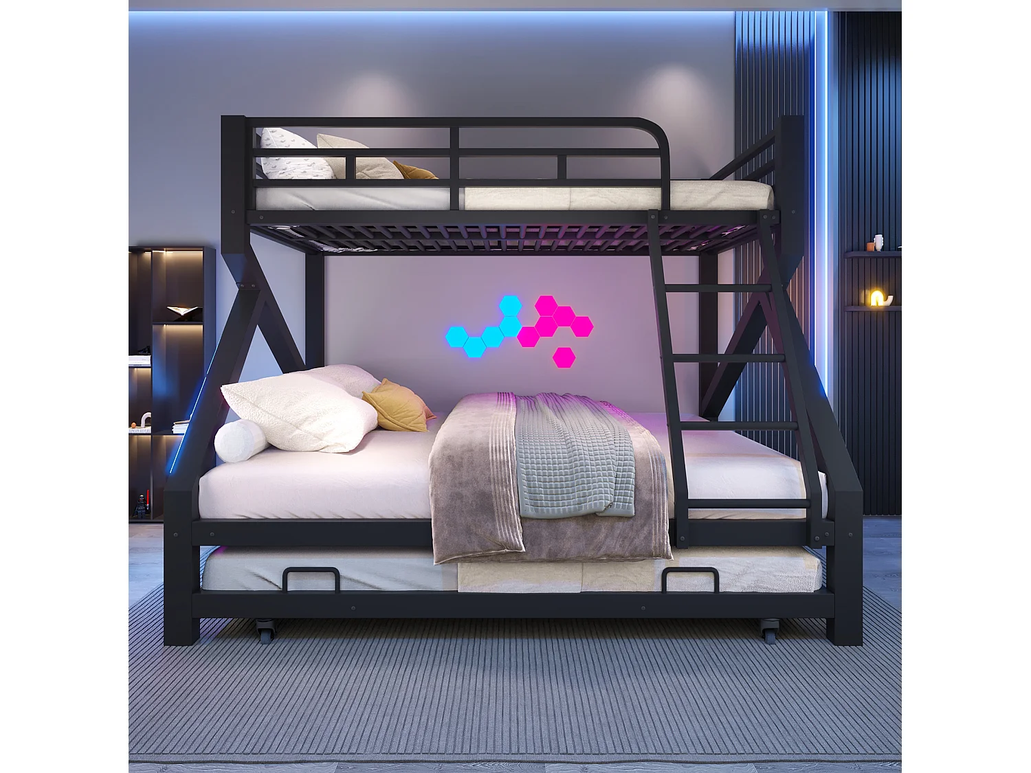 Lit superposé 90 x 200 cm + 140 x 200 cm – avec lit gigogne – avec barrières de sécurité – avec échelle – Noir (matelas non inclus)