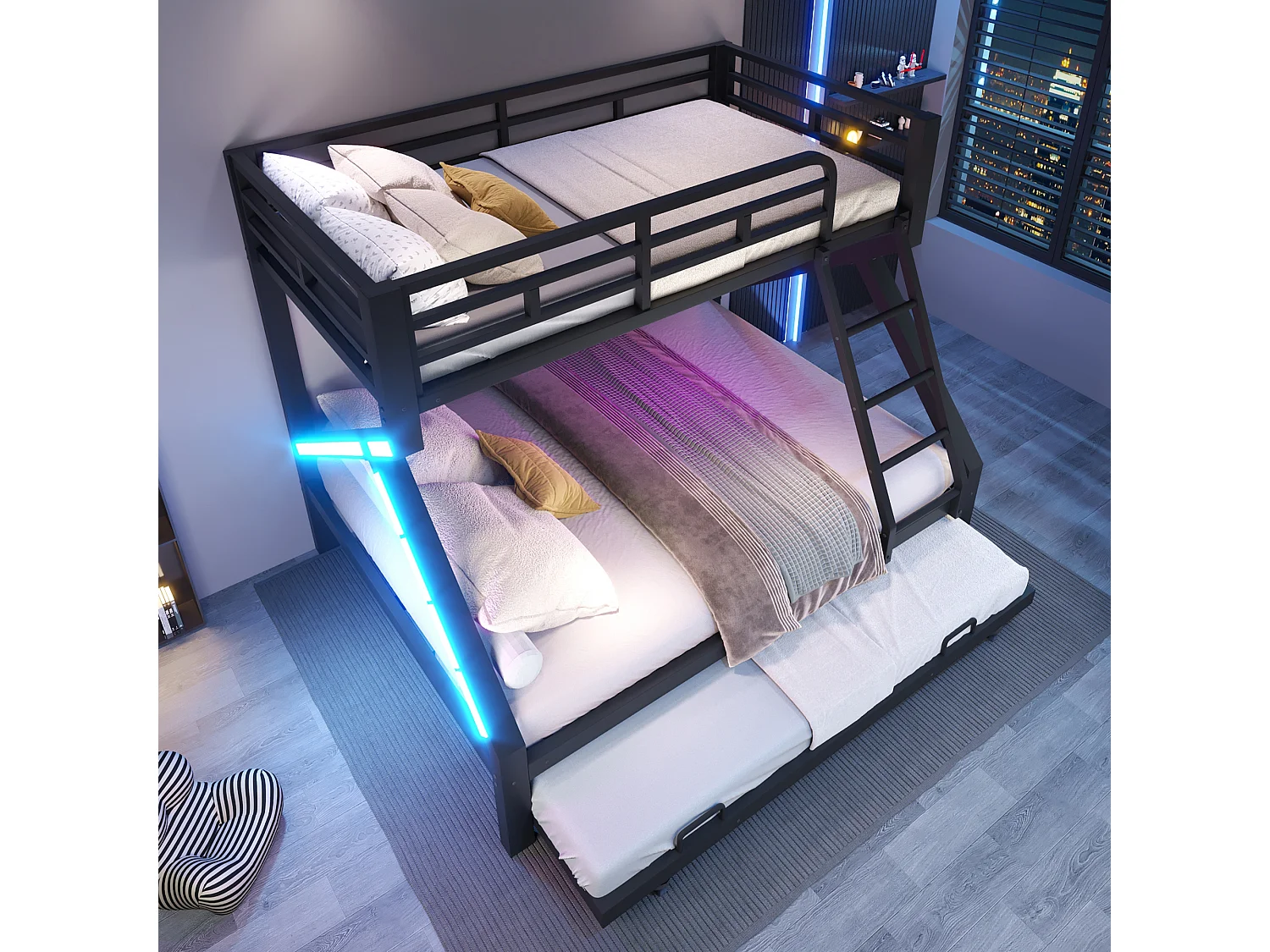 Lit superposé 90 x 200 cm + 140 x 200 cm – avec lit gigogne – avec barrières de sécurité – avec échelle – Noir (matelas non inclus)