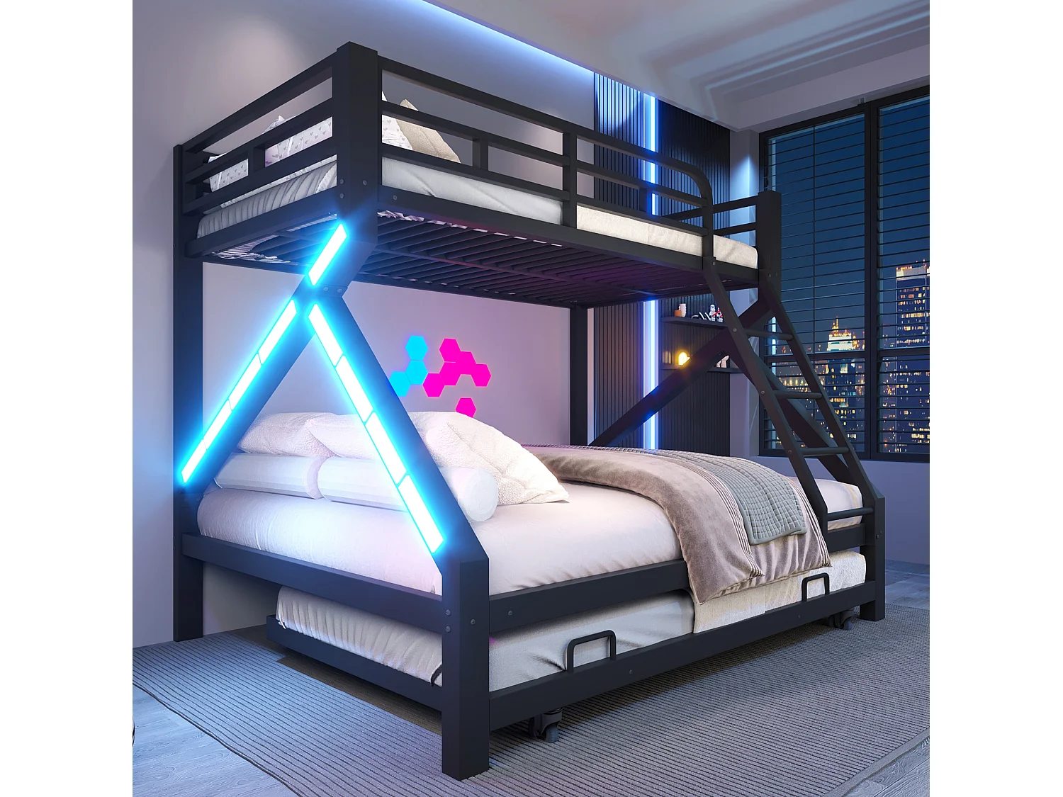 Lit superposé 90 x 200 cm + 140 x 200 cm – avec lit gigogne – avec barrières de sécurité – avec échelle – Noir (matelas non inclus)
