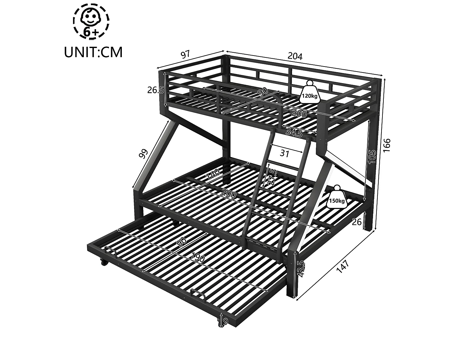 Lit superposé 90 x 200 cm + 140 x 200 cm – avec lit gigogne – avec barrières de sécurité – avec échelle – Noir (matelas non inclus)