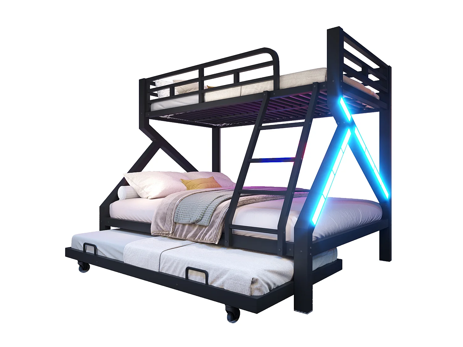 Lit superposé 90 x 200 cm + 140 x 200 cm – avec lit gigogne – avec barrières de sécurité – avec échelle – Noir (matelas non inclus)