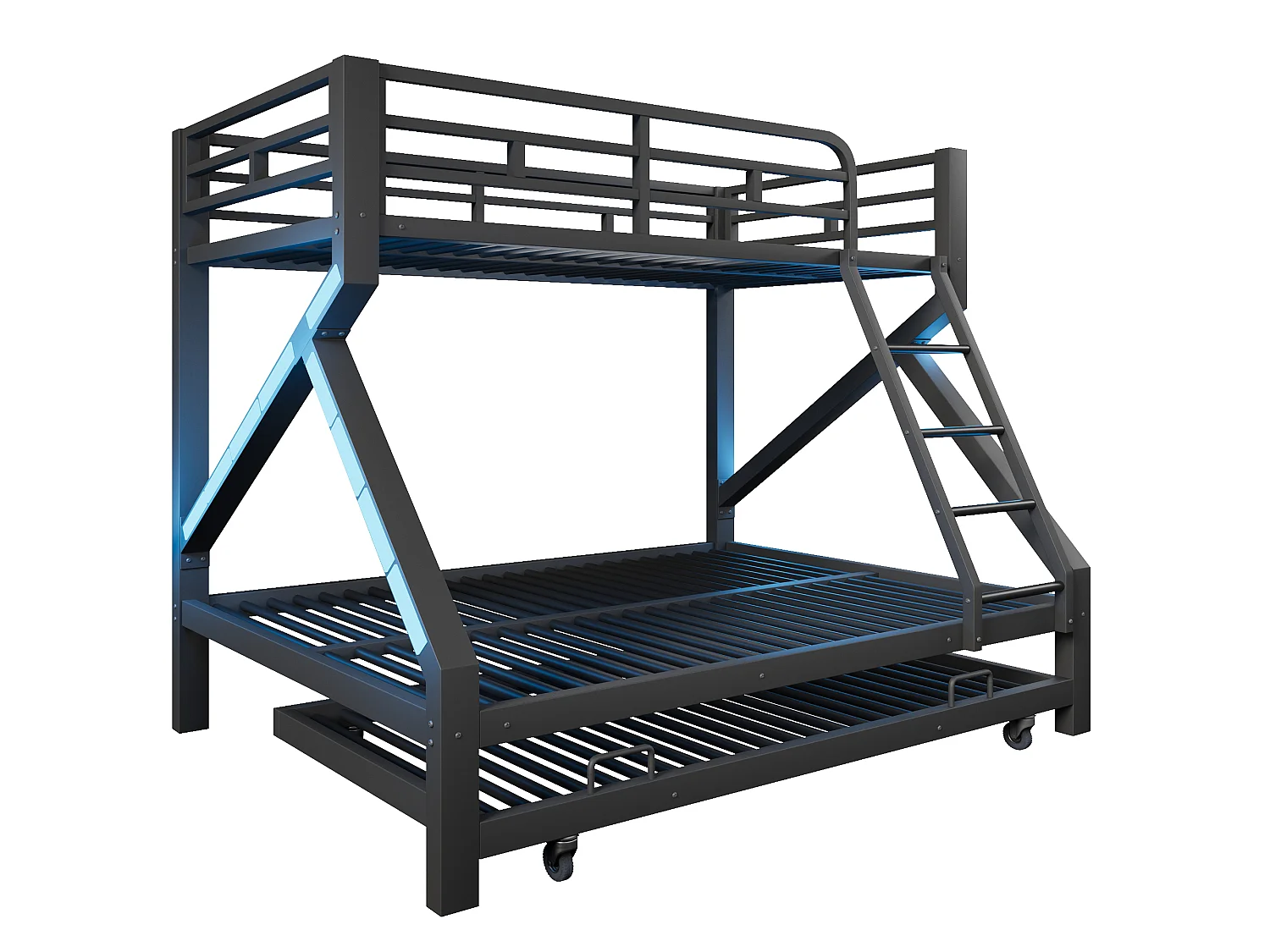 Lit superposé 90 x 200 cm + 140 x 200 cm – avec lit gigogne – avec barrières de sécurité – avec échelle – Noir (matelas non inclus)