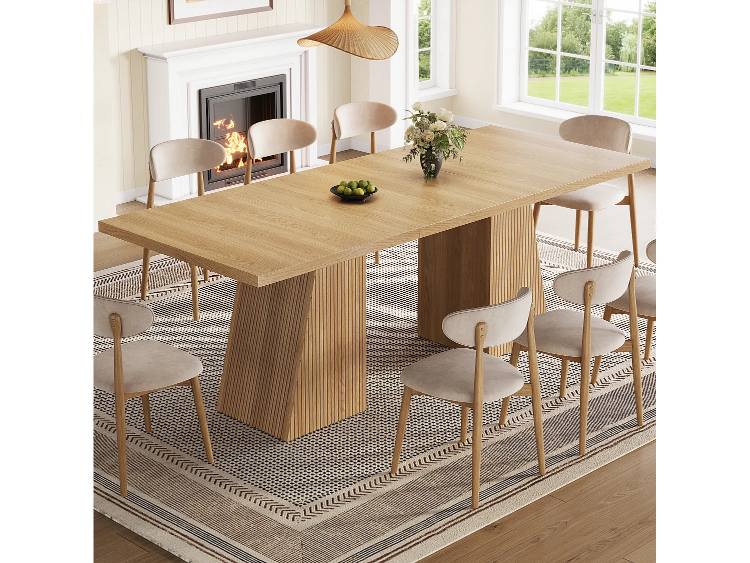 Table à Manger Extensible 120-160cm - Table Repas Rectangulaire avec Pieds Trapézoïdaux & Rillen - Effet Chêne Clair