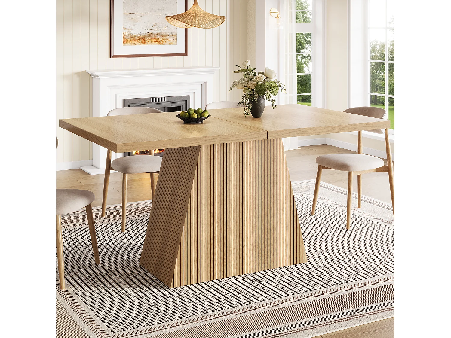 Table à Manger Extensible 120-160cm - Table Repas Rectangulaire avec Pieds Trapézoïdaux & Rillen - Effet Chêne Clair