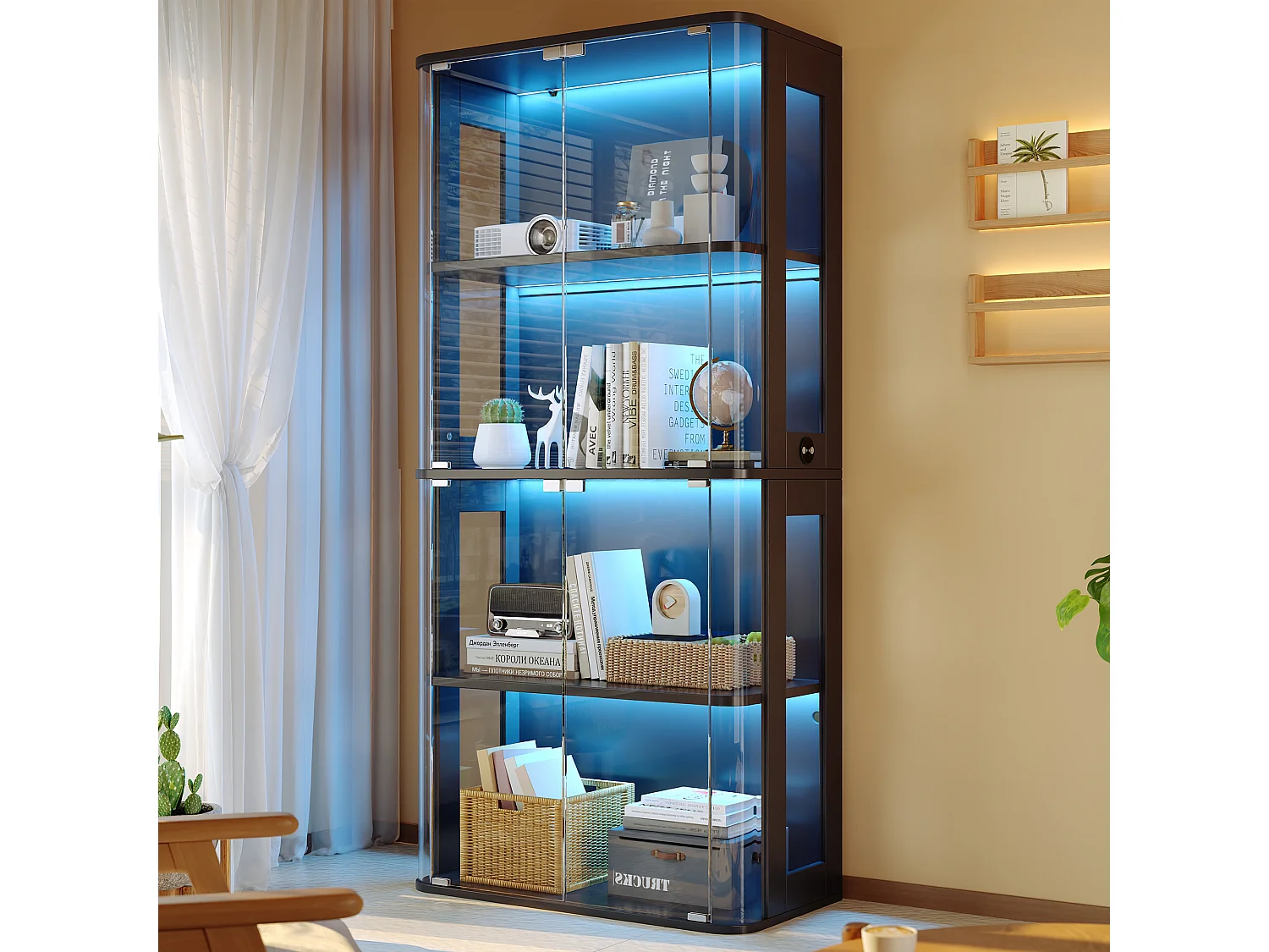 Vitrine en verre 80x40x170 cm - Éclairage LED à double commande - Avec 4 portes et 4 étagères - MDF - Noir