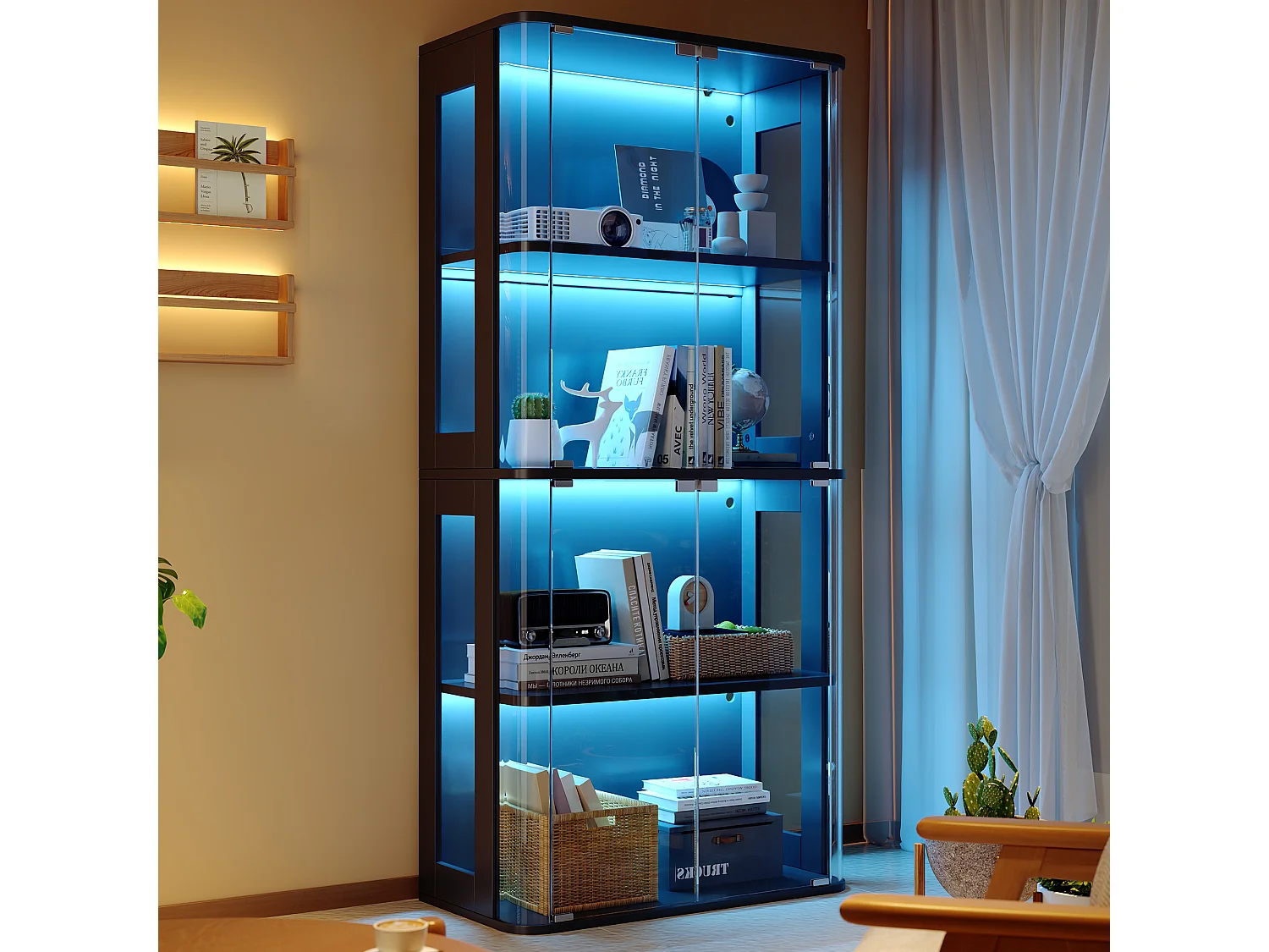 Vitrine en verre 80x40x170 cm - Éclairage LED à double commande - Avec 4 portes et 4 étagères - MDF - Noir
