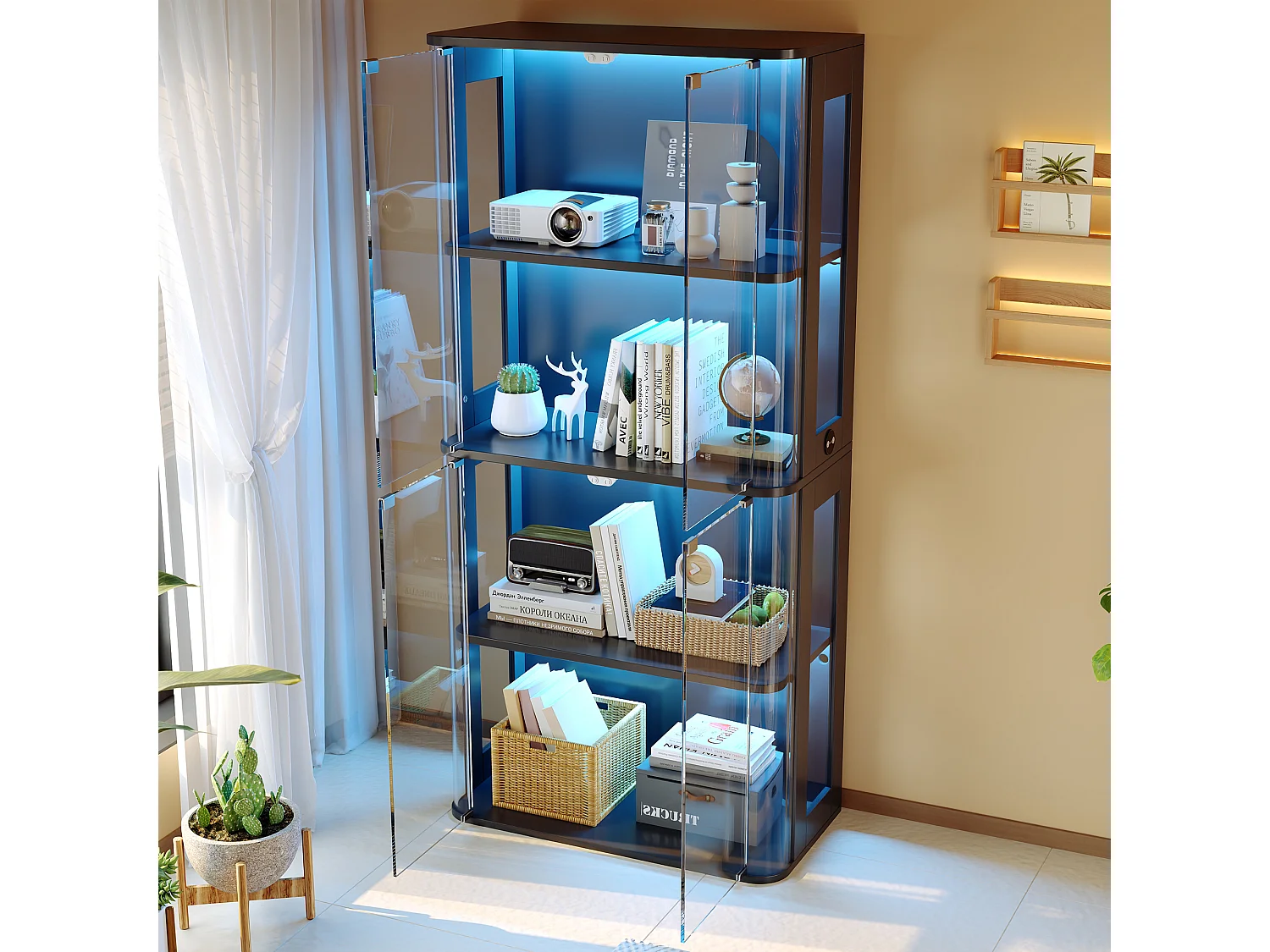 Vitrine en verre 80x40x170 cm - Éclairage LED à double commande - Avec 4 portes et 4 étagères - MDF - Noir