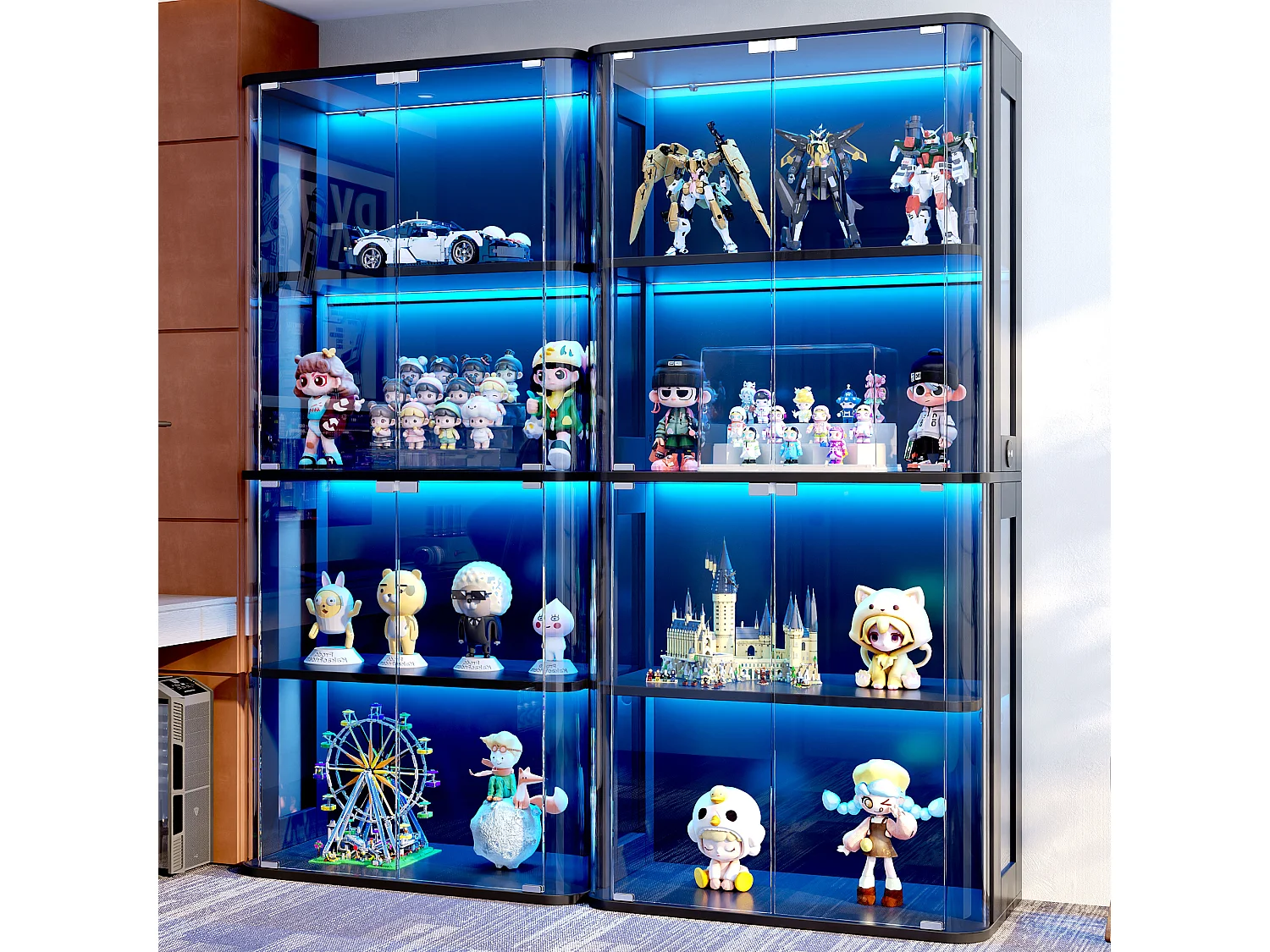 Vitrine en verre 80x40x170 cm - Éclairage LED à double commande - Avec 4 portes et 4 étagères - MDF - Noir