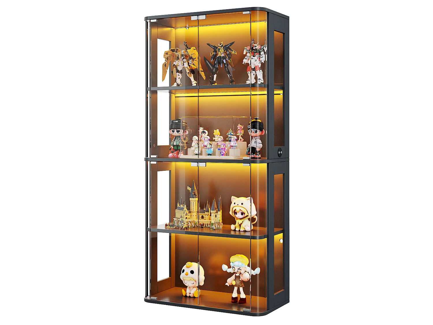 Vitrine en verre 80x40x170 cm - Éclairage LED à double commande - Avec 4 portes et 4 étagères - MDF - Noir
