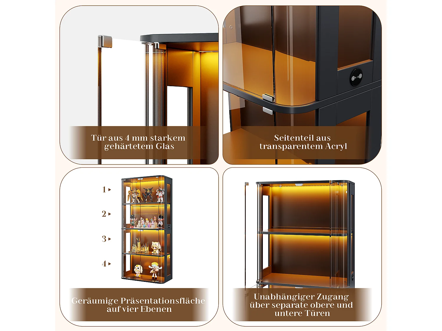 Vitrine en verre 80x40x170 cm - Éclairage LED à double commande - Avec 4 portes et 4 étagères - MDF - Noir
