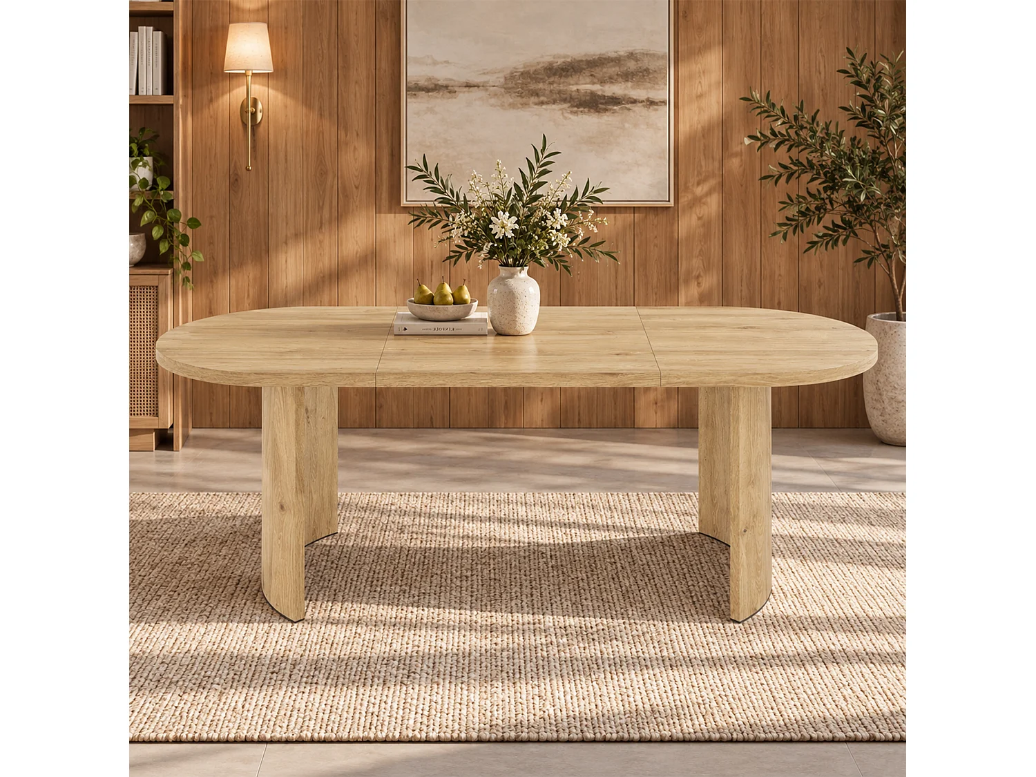 Table à manger  200x90x75 cm - Capacité 6 à 8 personnes - Coins arrondis et plateau épais  - MDF - Naturel