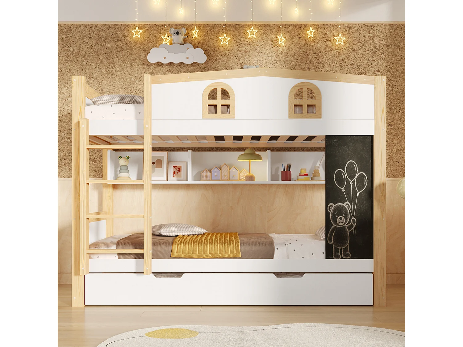 Bunk bed 90x200 cm - With pull-out bed, storage space and removable blackboard - MDF - White (without mattress)
