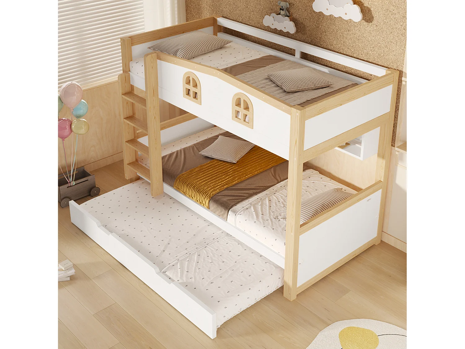 Bunk bed 90x200 cm - With pull-out bed, storage space and removable blackboard - MDF - White (without mattress)