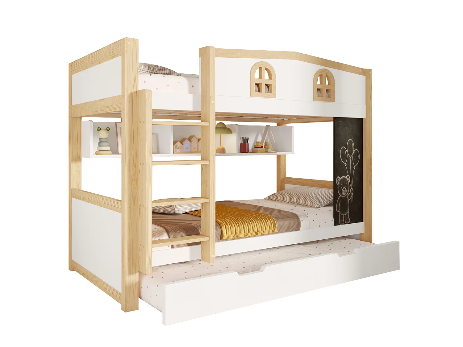 Bunk bed 90x200 cm - With pull-out bed, storage space and removable blackboard - MDF - White (without mattress)
