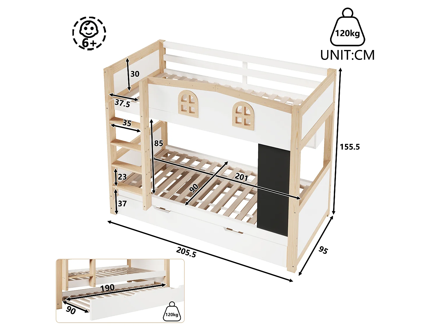 Bunk bed 90x200 cm - With pull-out bed, storage space and removable blackboard - MDF - White (without mattress)