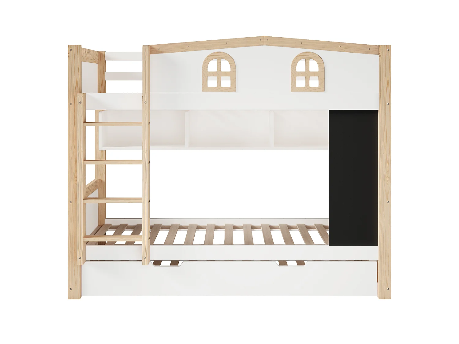Bunk bed 90x200 cm - With pull-out bed, storage space and removable blackboard - MDF - White (without mattress)