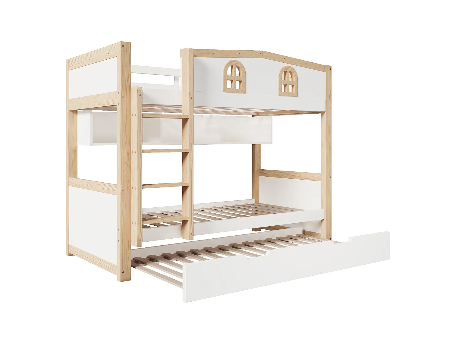Bunk bed 90x200 cm - With pull-out bed, storage space and removable blackboard - MDF - White (without mattress)