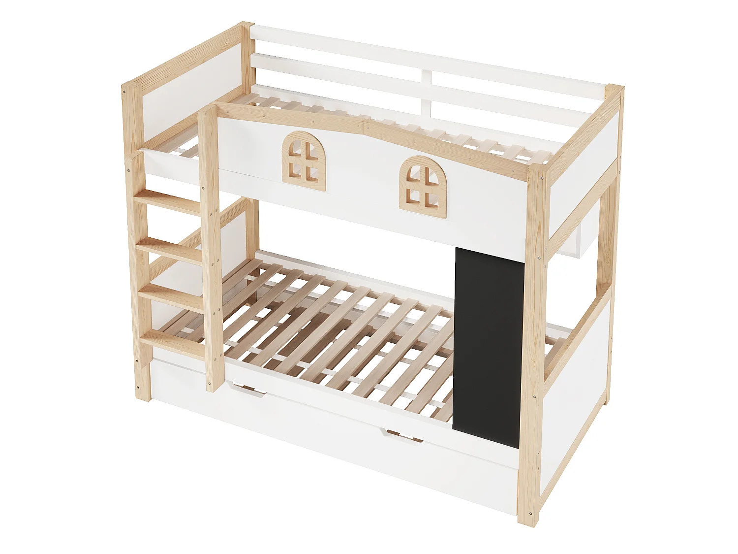 Bunk bed 90x200 cm - With pull-out bed, storage space and removable blackboard - MDF - White (without mattress)