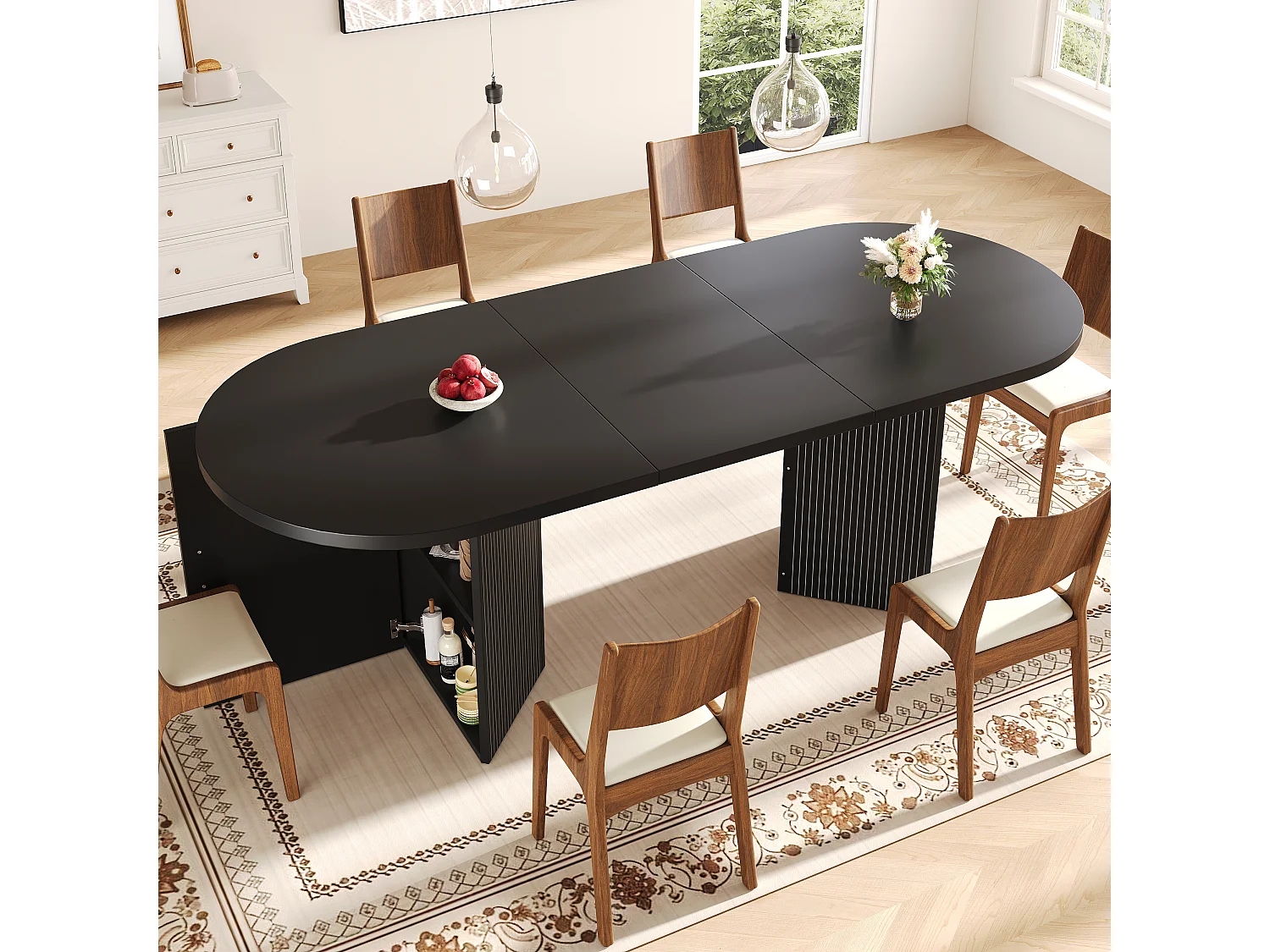 Table à Manger Extensible 120/160cm - avec espace de rangement - avec des étagères réglables - Noir