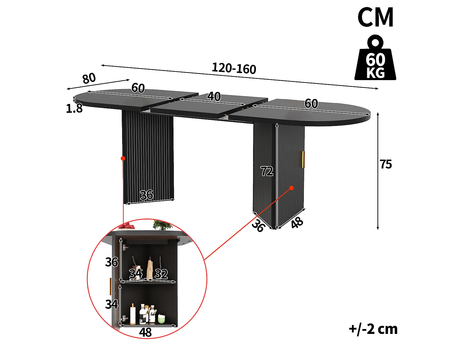 Table à Manger Extensible 120/160cm - avec espace de rangement - avec des étagères réglables - Noir