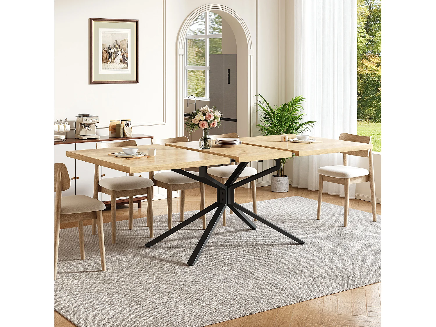 Uitschuifbare Eettafel 120-160cm in Donker Eikeneffect - Rechthoekige Eettafel met Stervormig Onderstel in Zwart Metaal, Industriële Stijl - Donker Eikeneffect