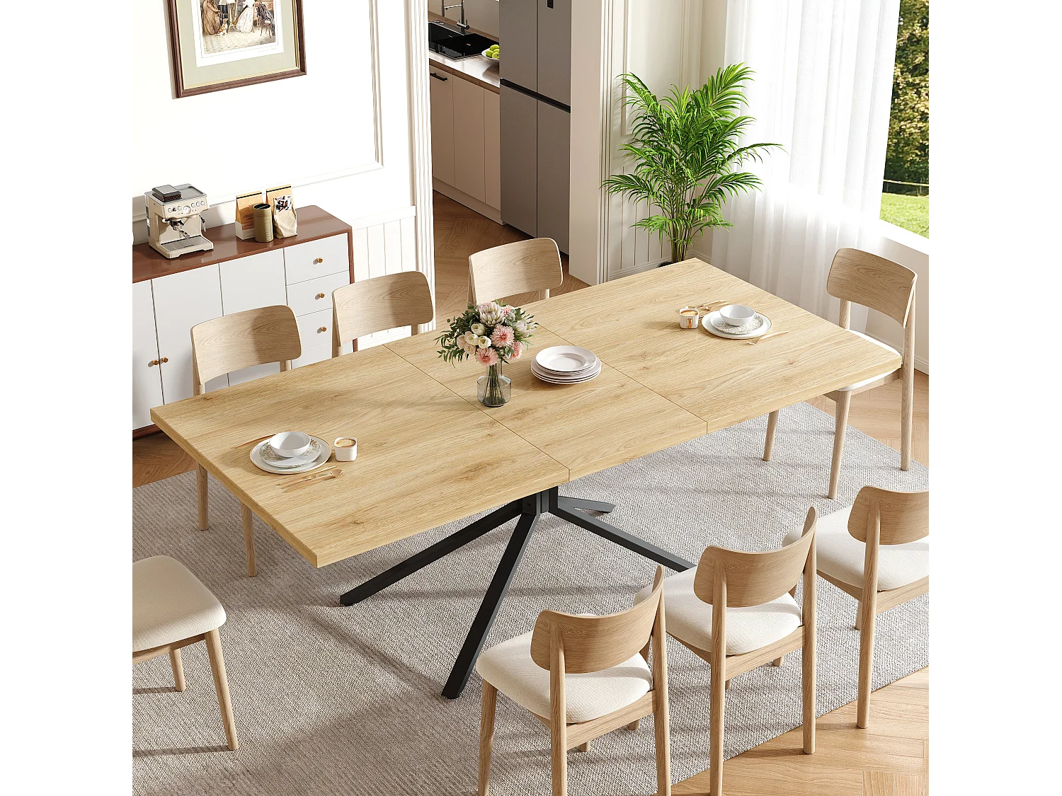 Uitschuifbare Eettafel 120-160cm in Donker Eikeneffect - Rechthoekige Eettafel met Stervormig Onderstel in Zwart Metaal, Industriële Stijl - Donker Eikeneffect