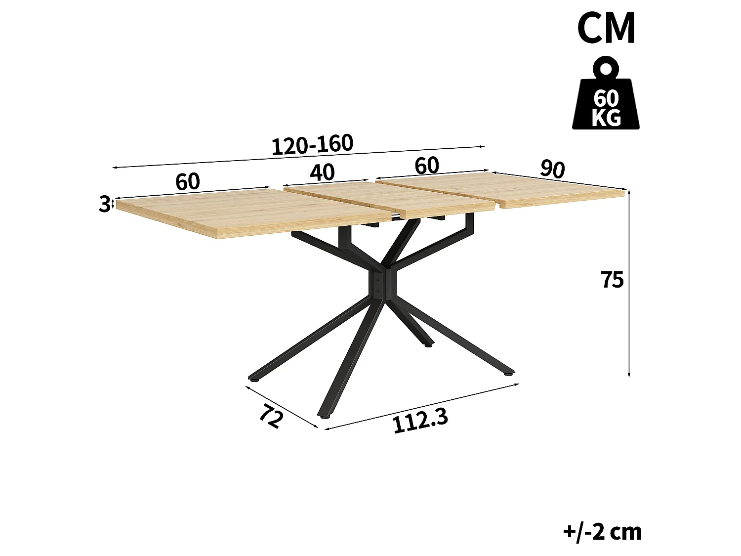 Uitschuifbare Eettafel 120-160cm in Donker Eikeneffect - Rechthoekige Eettafel met Stervormig Onderstel in Zwart Metaal, Industriële Stijl - Donker Eikeneffect