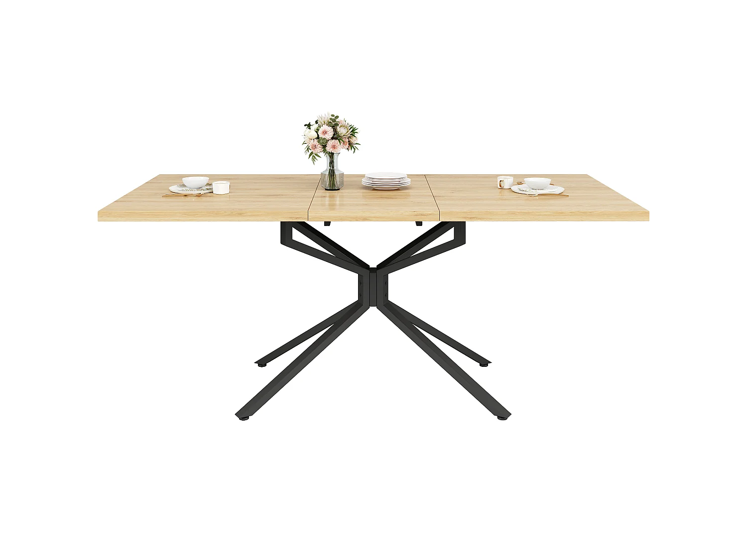 Uitschuifbare Eettafel 120-160cm in Donker Eikeneffect - Rechthoekige Eettafel met Stervormig Onderstel in Zwart Metaal, Industriële Stijl - Donker Eikeneffect