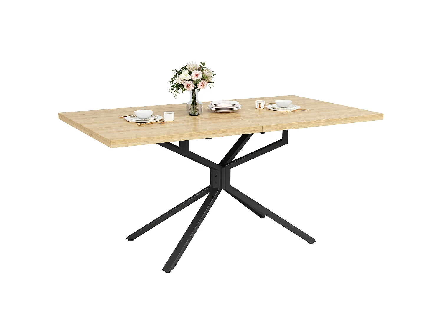 Uitschuifbare Eettafel 120-160cm in Donker Eikeneffect - Rechthoekige Eettafel met Stervormig Onderstel in Zwart Metaal, Industriële Stijl - Donker Eikeneffect