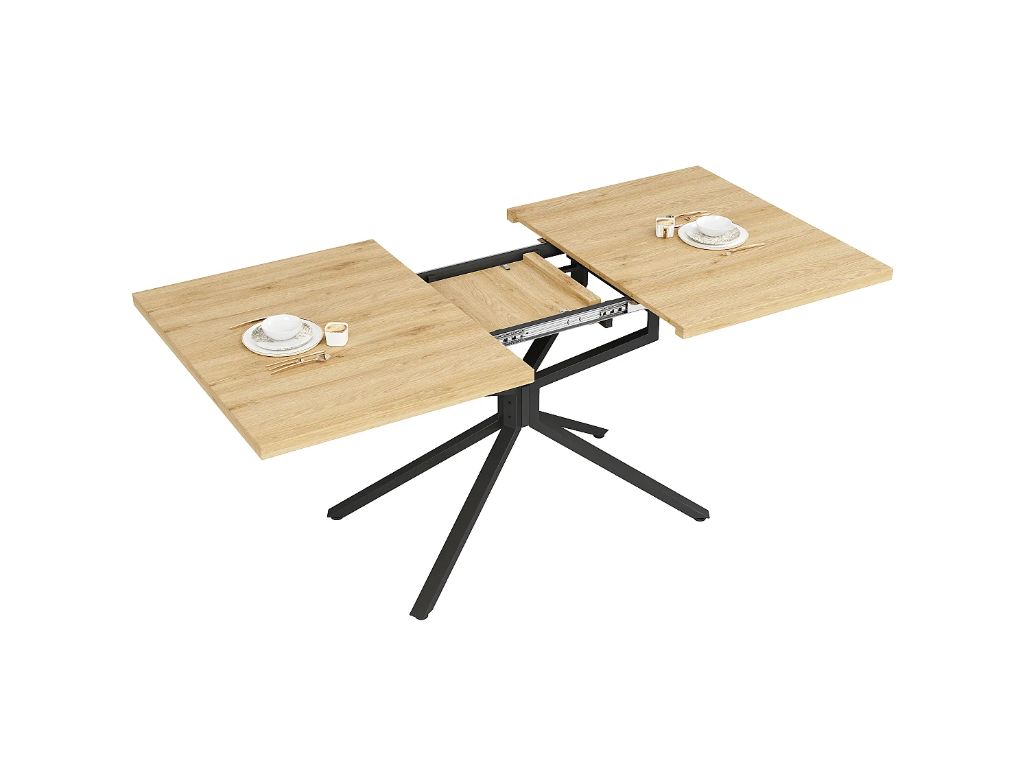 Uitschuifbare Eettafel 120-160cm in Donker Eikeneffect - Rechthoekige Eettafel met Stervormig Onderstel in Zwart Metaal, Industriële Stijl - Donker Eikeneffect