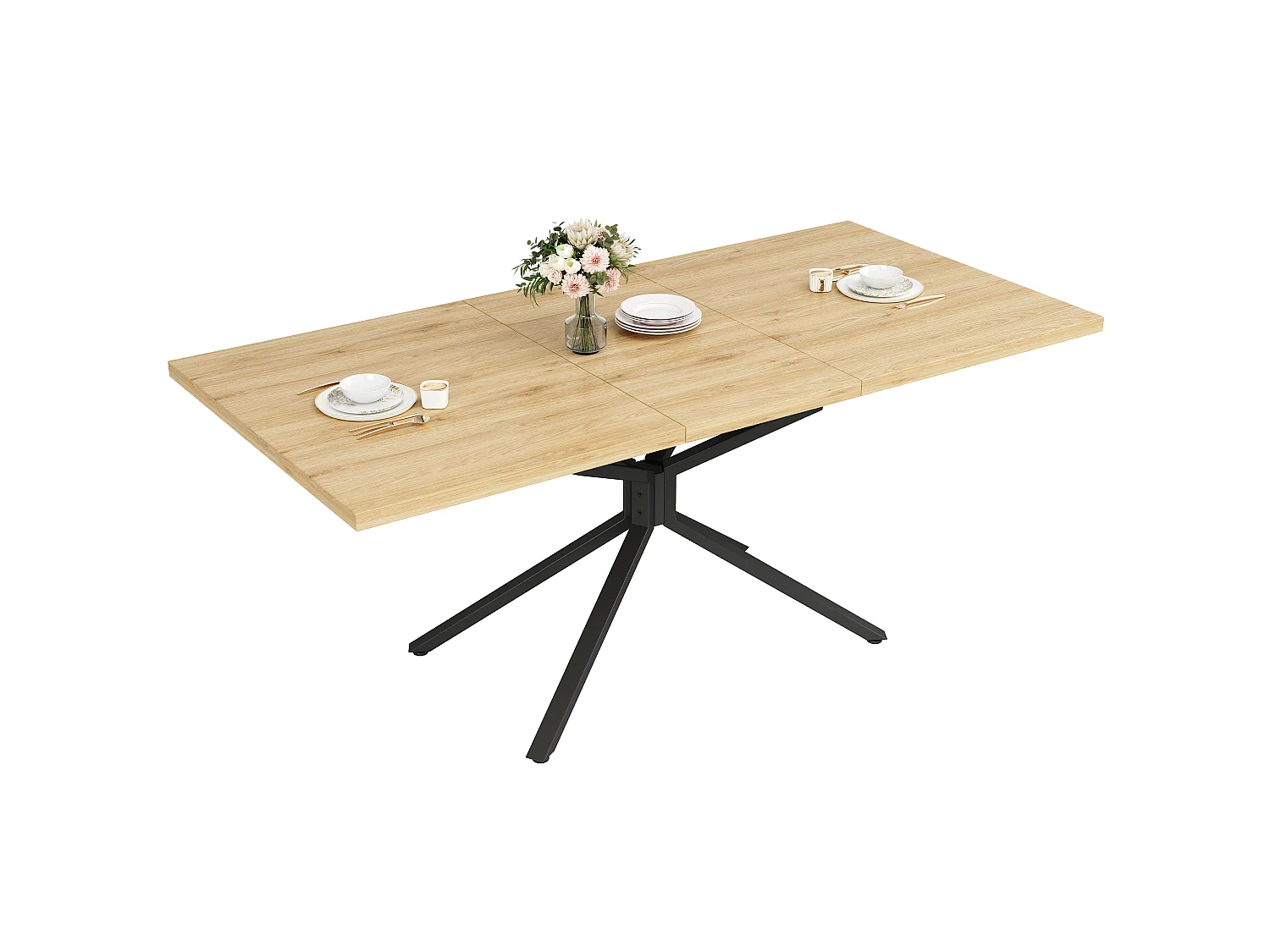 Uitschuifbare Eettafel 120-160cm in Donker Eikeneffect - Rechthoekige Eettafel met Stervormig Onderstel in Zwart Metaal, Industriële Stijl - Donker Eikeneffect