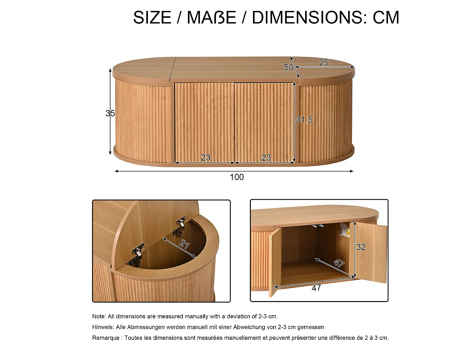 Stolik kawowy owalny 100x50x35 cm - 2 drzwi i 2 drzwi uchylne - Zaokrąglone narożniki - Wykończenie imitujące drewno - MDF - Naturalny