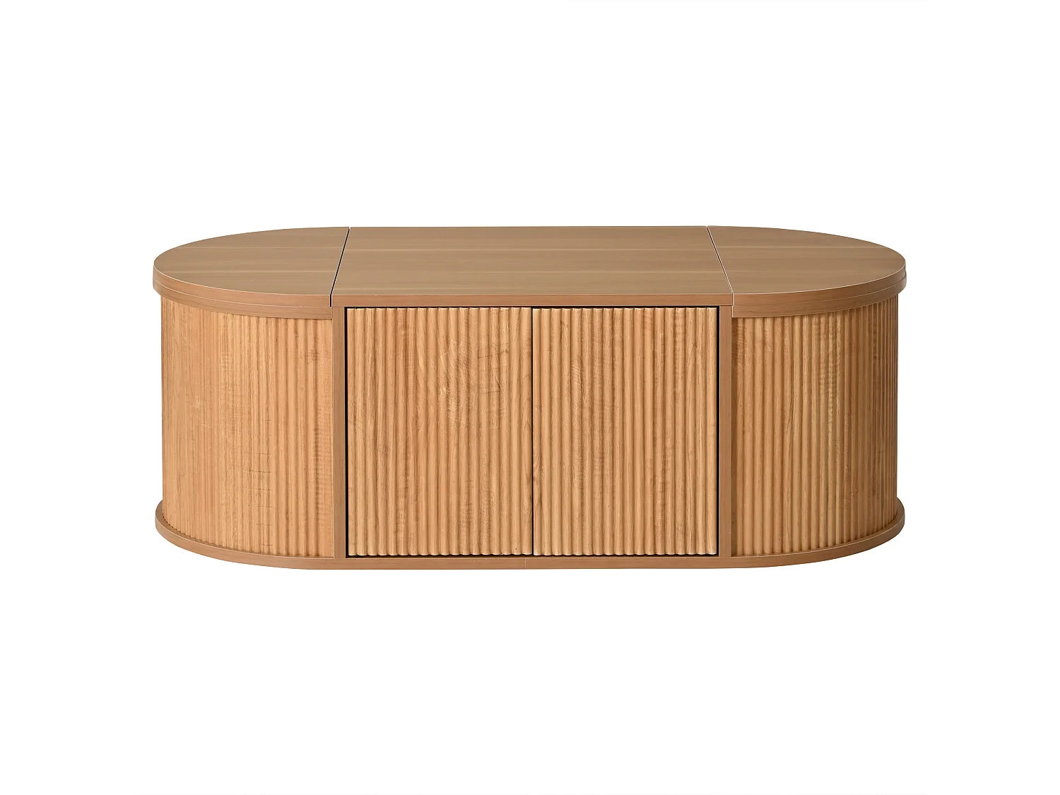 Stolik kawowy owalny 100x50x35 cm - 2 drzwi i 2 drzwi uchylne - Zaokrąglone narożniki - Wykończenie imitujące drewno - MDF - Naturalny