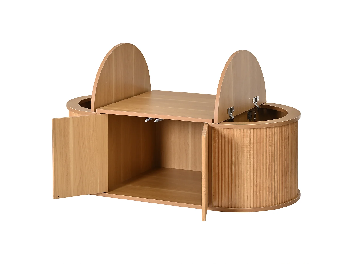 Stolik kawowy owalny 100x50x35 cm - 2 drzwi i 2 drzwi uchylne - Zaokrąglone narożniki - Wykończenie imitujące drewno - MDF - Naturalny