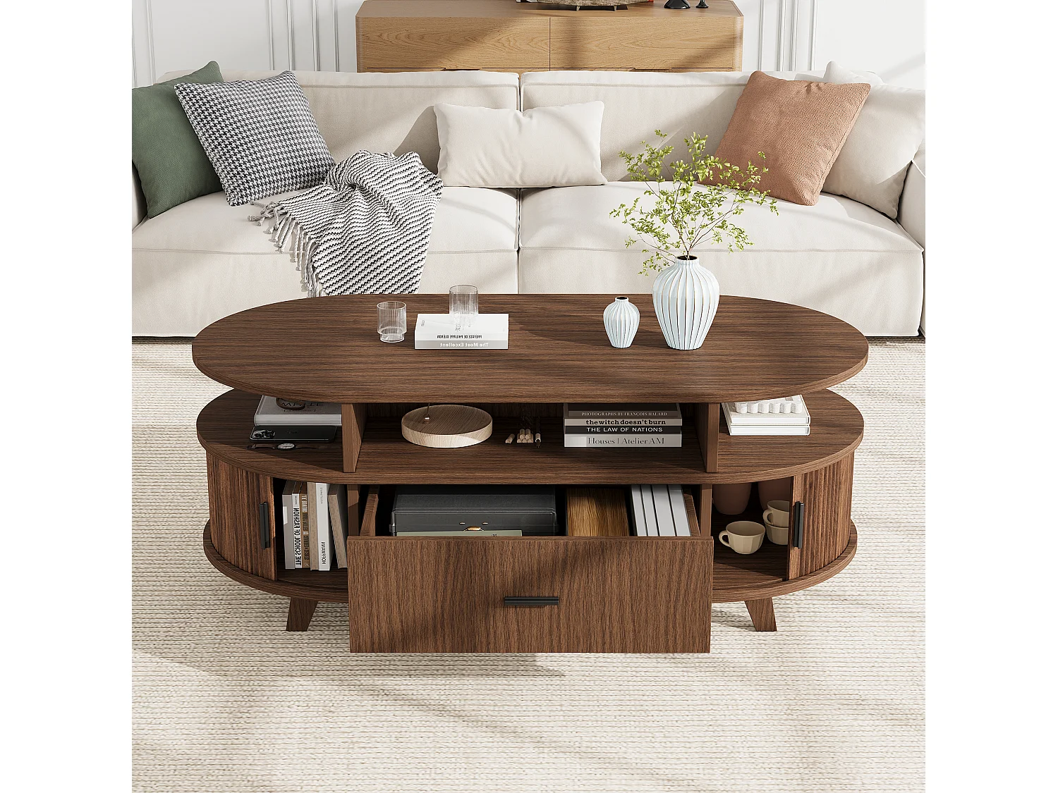 Table basse ovale 100 x 50 x 40 cm - 1 tiroir, 2 portes coulissantes à lamelles - MDF - Marron