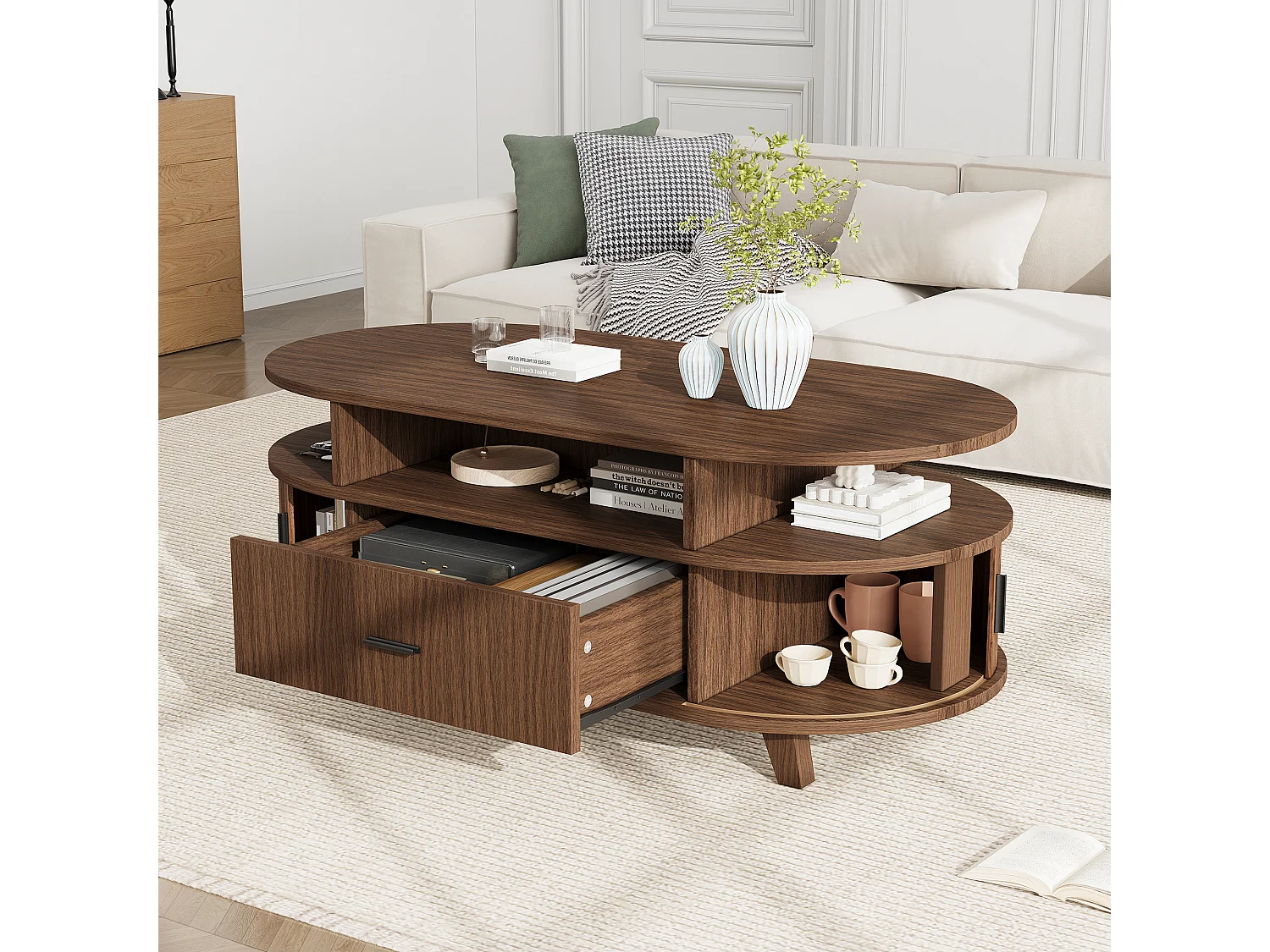 Table basse ovale 100 x 50 x 40 cm - 1 tiroir, 2 portes coulissantes à lamelles - MDF - Marron